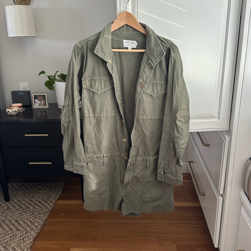 Frame Denim military army green long sleeve shorts romper raw hem edge medium